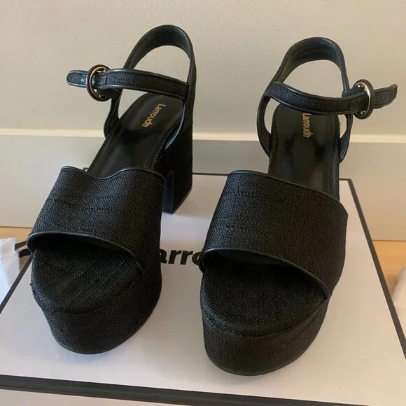 LARROUDE - LIKE NEW Miso Platform Strap Sandal in black raffia - size 8 - Picture 3 of 9